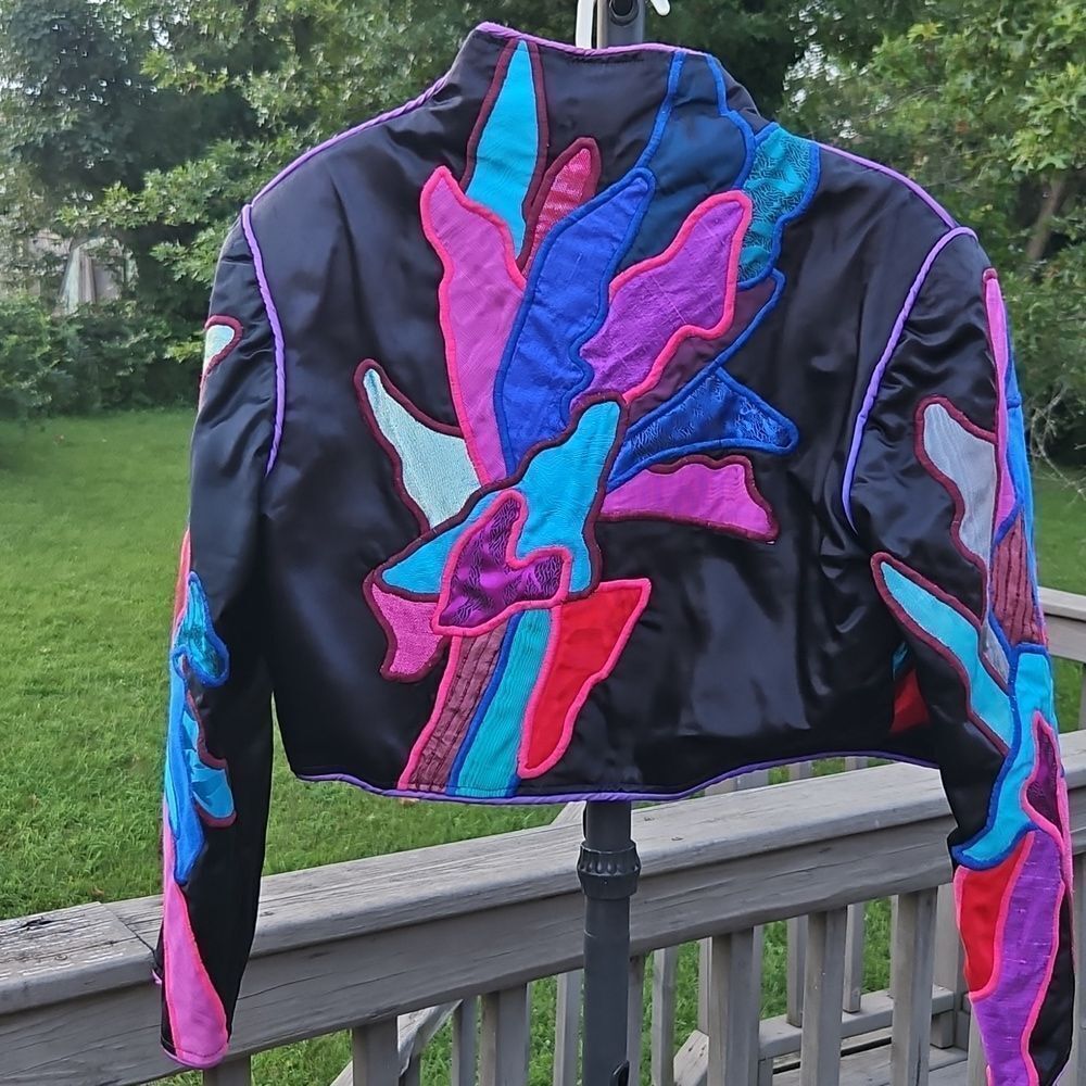Vintage Judith Roberts La Colección Appliqué Crop Jacket Black Bright Abstract - Picture 7 of 11